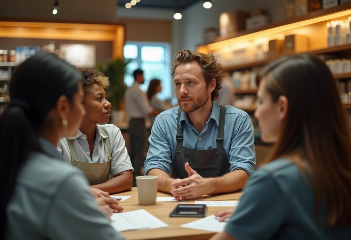 Retail manager leading a team meeting