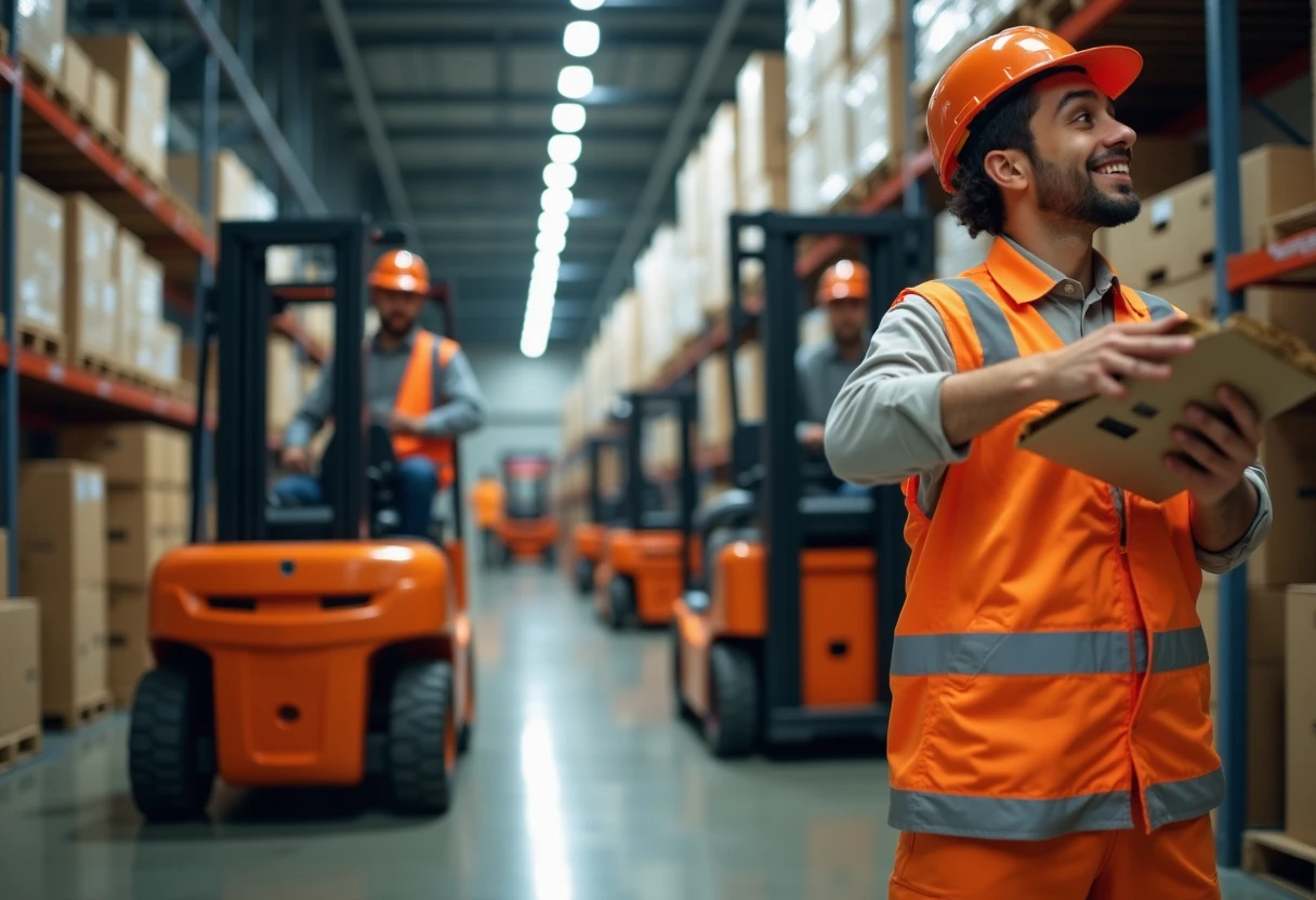 Warehouse environment with workers and forklifts